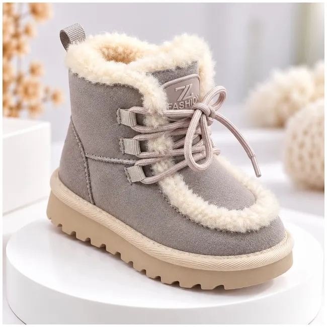 Cizme gri imblanite pentru fete din piele ecologica, talpa cauciuc, model cozy