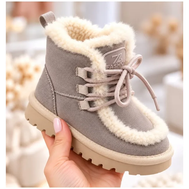 Cizme gri imblanite pentru fete din piele ecologica, talpa cauciuc, model cozy
