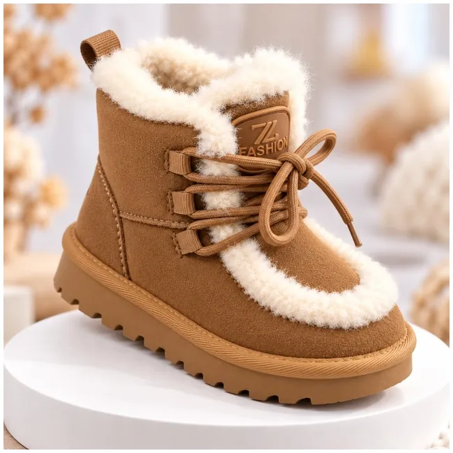 Cizme maro imblanite pentru fete din piele ecologica, talpa cauciuc, model cozy