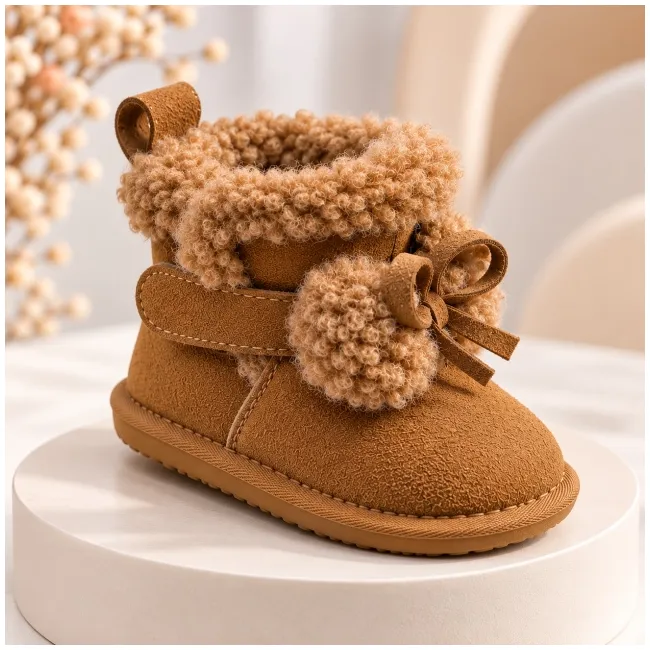 Cizme maro imblanite pentru fete superbebe shop din piele ecologica cu talpa de cauciuc si ciucurei pufosi, peste glezna, inchidere cu fermoar