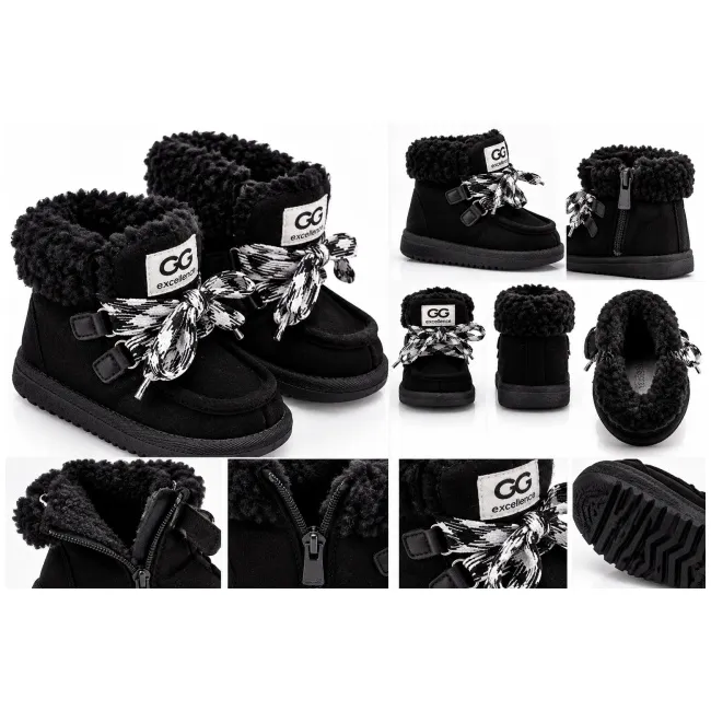 Cizme negre cu siret pentru fetite, inchidere cu fermoar, piele ecologica, model winter style