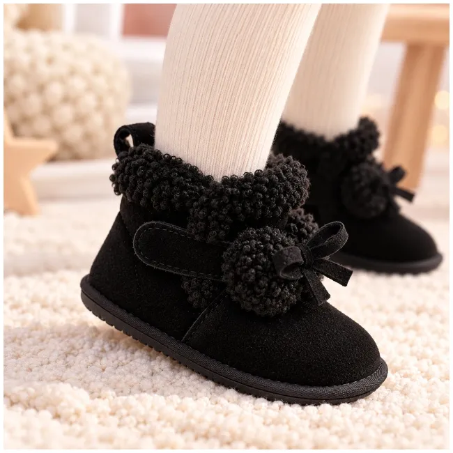Cizme negre imblanite pentru fete superbebe shop din piele ecologica cu talpa de cauciuc si ciucurei pufosi, peste glezna, inchidere cu fermoar (3)