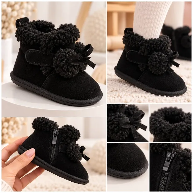 Cizme negre imblanite pentru fete superbebe shop din piele ecologica cu talpa de cauciuc si ciucurei pufosi, peste glezna, inchidere cu fermoar (3)