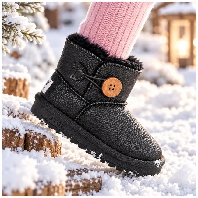 Cizme negre pentru fetita, superbaby, model nasturel, piele ecologica