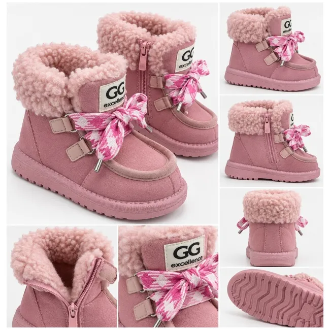 Cizme roz cu siret pentru fetite, inchidere cu fermoar, piele ecologica, model winter style