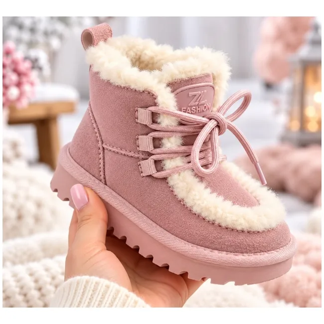 Cizme roz imblanite pentru fete din piele ecologica, talpa cauciuc, model cozy (2)