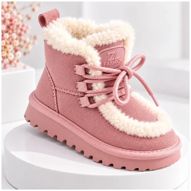 Cizme roz imblanite pentru fete din piele ecologica, talpa cauciuc, model cozy (2)