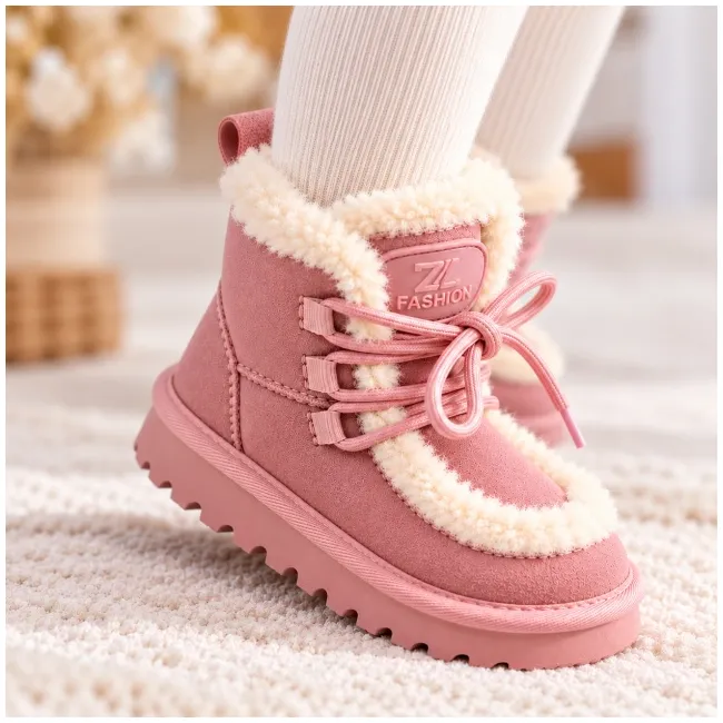 Cizme roz imblanite pentru fete din piele ecologica, talpa cauciuc, model cozy (2)