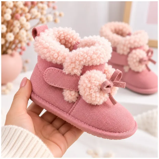Cizme roz imblanite pentru fete superbebe shop din piele ecologica cu talpa de cauciuc si ciucurei pufosi, peste glezna, inchidere cu fermoar (2)