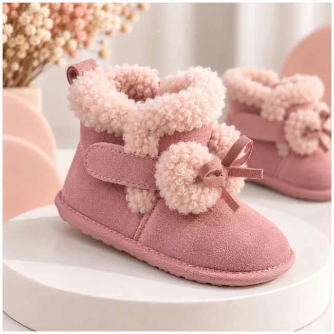 Cizme roz imblanite pentru fete superbebe shop din piele ecologica cu talpa de cauciuc si ciucurei pufosi, peste glezna, inchidere cu fermoar (2)