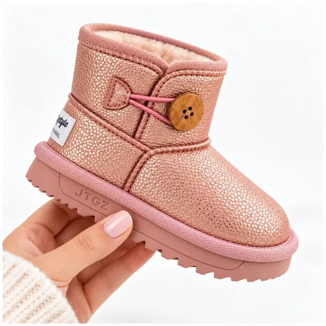 Cizme roz sidefat pentru fetita, superbaby, model nasturel, piele ecologica