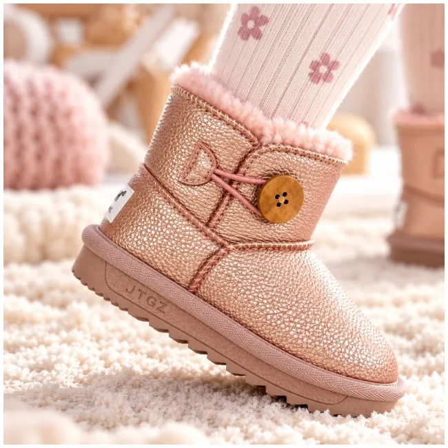 Cizme roz sidefat pentru fetita, superbaby, model nasturel, piele ecologica