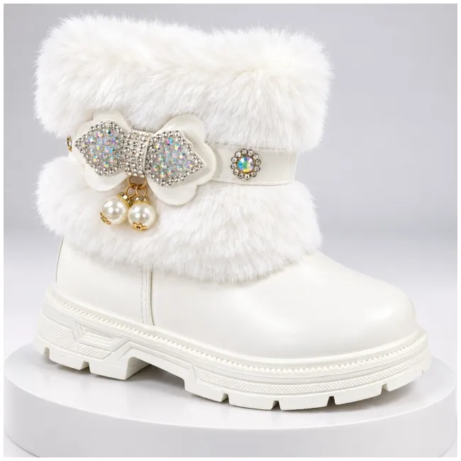 Ghete albe cu blanita accesorizata cu strasuri si perlute, fetite, piele ecologica, model elegance