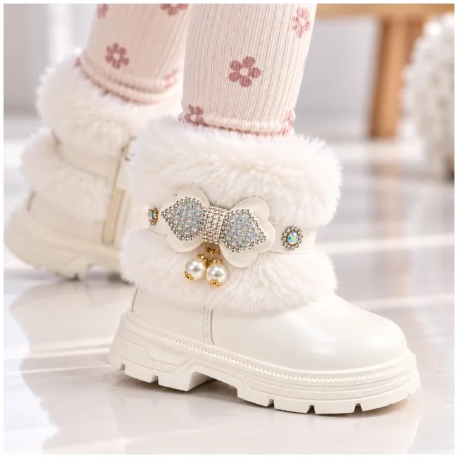 Ghete albe cu blanita accesorizata cu strasuri si perlute, fetite, piele ecologica, model elegance