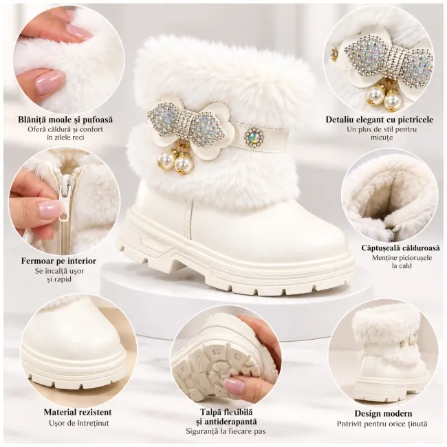 Ghete albe cu blanita accesorizata cu strasuri si perlute, fetite, piele ecologica, model elegance