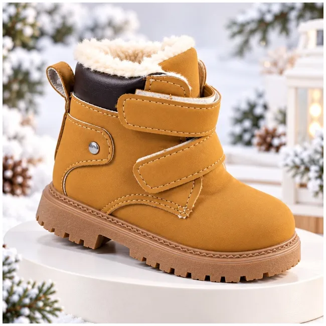 Ghete imblanite cu inchidere barete velcro, maro deschis, baieti, piele ecologica, model vivre