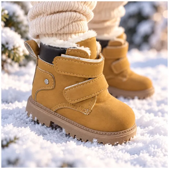 Ghete imblanite cu inchidere barete velcro, maro deschis, baieti, piele ecologica, model vivre