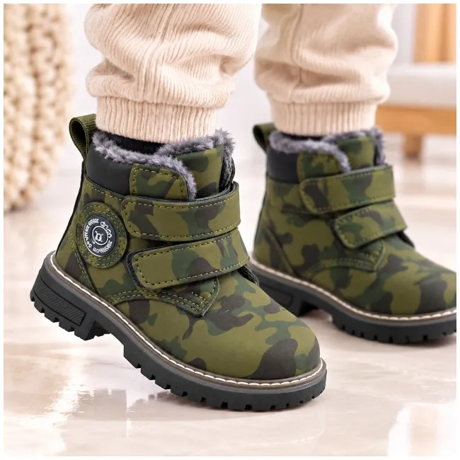 Ghete imblanite cu inchidere barete velcro, model army, baieti, piele ecologica