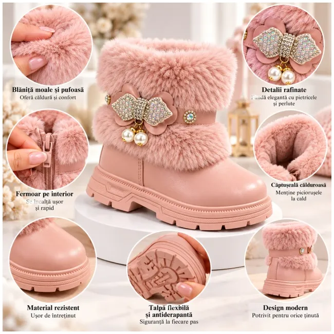 Ghete roz cu blanita accesorizata cu strasuri si perlute, fetite, piele ecologica, model elegance