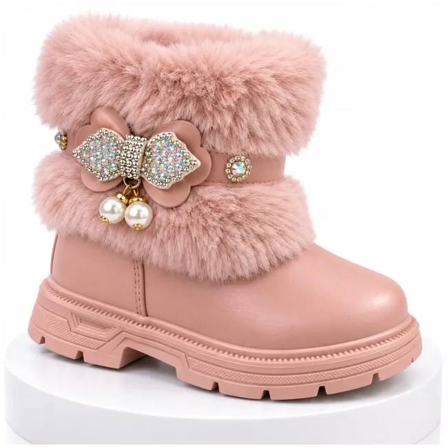Ghete roz cu blanita accesorizata cu strasuri si perlute, fetite, piele ecologica, model elegance