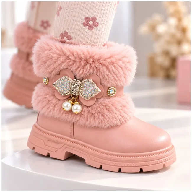 Ghete roz cu blanita accesorizata cu strasuri si perlute, fetite, piele ecologica, model elegance