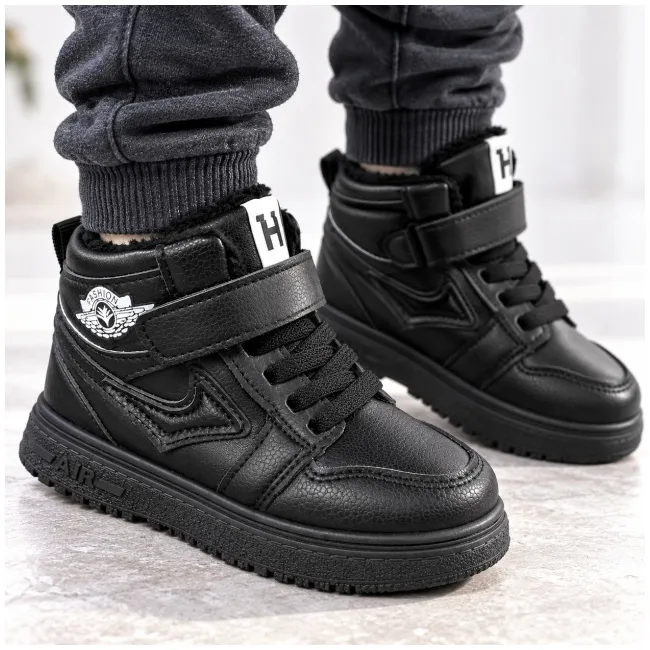 Pantofi sport imblaniti, model black style, negru, baieti, piele ecologica