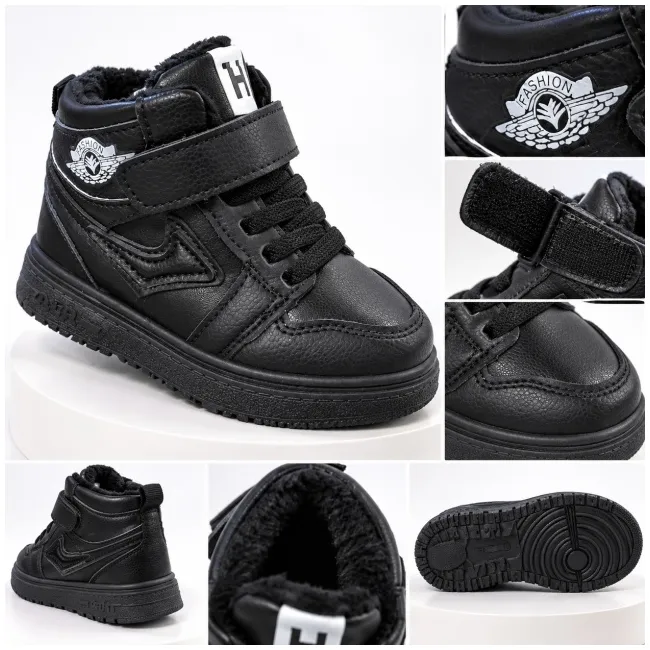 Pantofi sport imblaniti, model black style, negru, baieti, piele ecologica