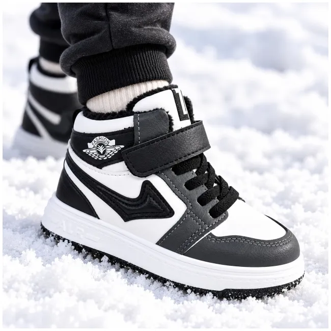 Pantofi sport imblaniti, model black&white, baieti, piele ecologica
