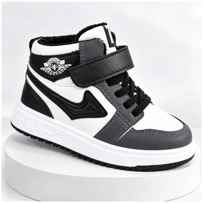 Pantofi sport imblaniti, model black&white, baieti, piele ecologica