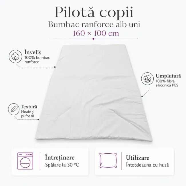 Pilota Copii bumbac ranforce alb uni 160x100 cm - ASC6427968155377