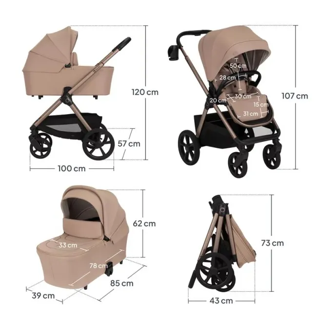 Carucior 2 in 1, Lionelo, Carmine, Parte sport si Landou anti-reflux, Salteluta ventilata, Reglare spatar, Suport de picioare, Maner reglabil, Sustine 22 kg, Cu accesorii, 0 luni+, Bej BYNLO-CARMINE_2IN1_BEIGE_SAND