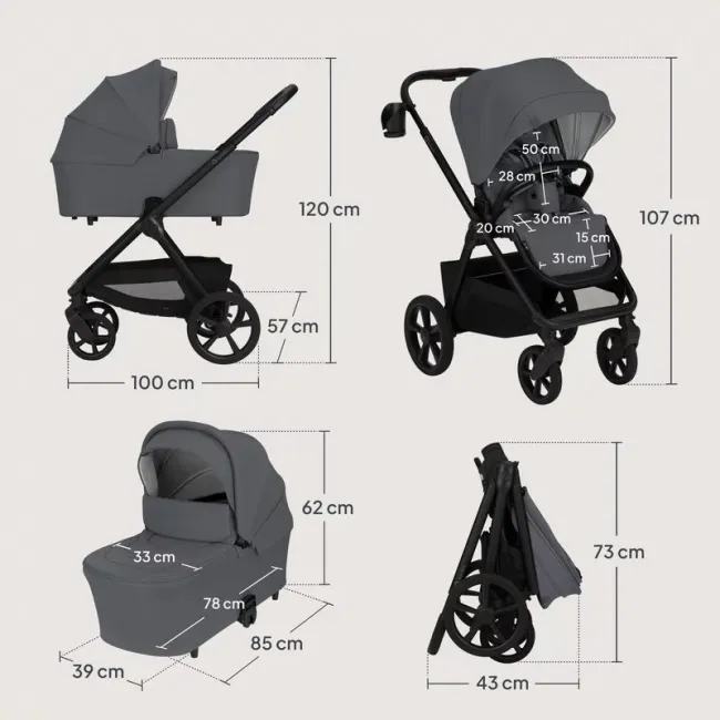 Carucior 2 in 1, Lionelo, Carmine, Parte sport si Landou anti-reflux, Salteluta ventilata, Reglare spatar, Suport de picioare, Maner reglabil, Sustine 22 kg, Cu accesorii, 0 luni+, Gri BYNLO-CARMINE_2IN1_GREY_STONE