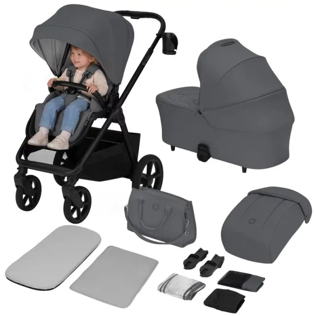 Carucior 2 in 1, Lionelo, Carmine, Parte sport si Landou anti-reflux, Salteluta ventilata, Reglare spatar, Suport de picioare, Maner reglabil, Sustine 22 kg, Cu accesorii, 0 luni+, Gri BYNLO-CARMINE_2IN1_GREY_STONE