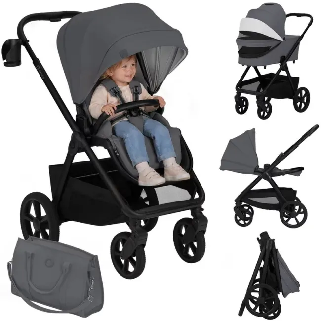 Carucior 2 in 1, Lionelo, Carmine, Parte sport si Landou anti-reflux, Salteluta ventilata, Reglare spatar, Suport de picioare, Maner reglabil, Sustine 22 kg, Cu accesorii, 0 luni+, Gri BYNLO-CARMINE_2IN1_GREY_STONE