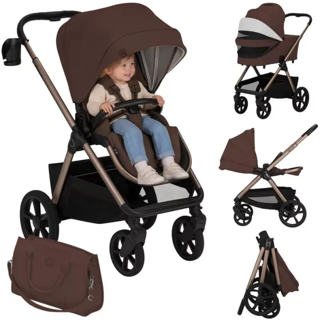 Carucior 2 in 1, Lionelo, Carmine, Parte sport si Landou anti-reflux, Salteluta ventilata, Reglare spatar, Suport de picioare, Maner reglabil, Sustine 22 kg, Cu accesorii, 0 luni+, Maro BYNLO-CARMINE_2IN1_BROWN_CHOCOLATE