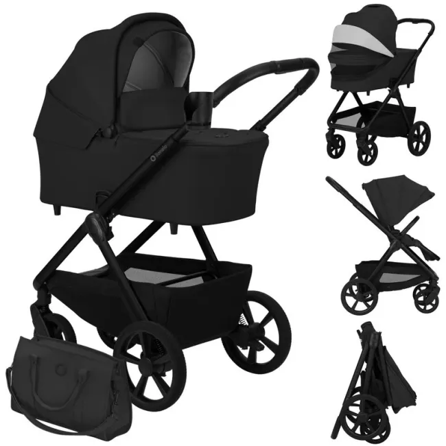 Carucior 2 in 1, Lionelo, Carmine, Parte sport si Landou anti-reflux, Salteluta ventilata, Reglare spatar, Suport de picioare, Maner reglabil, Sustine 22 kg, Cu accesorii, 0 luni+, Negru BYNLO-CARMINE_2IN1_BLACK_ONYX