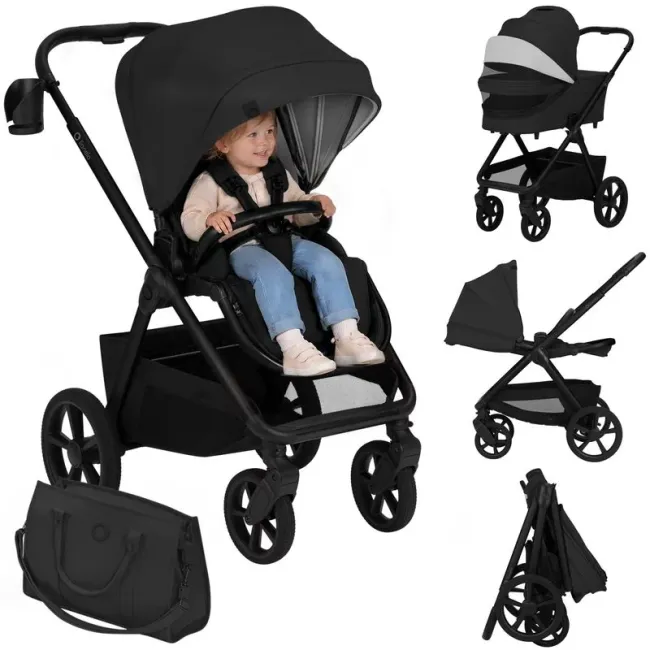 Carucior 2 in 1, Lionelo, Carmine, Parte sport si Landou anti-reflux, Salteluta ventilata, Reglare spatar, Suport de picioare, Maner reglabil, Sustine 22 kg, Cu accesorii, 0 luni+, Negru BYNLO-CARMINE_2IN1_BLACK_ONYX