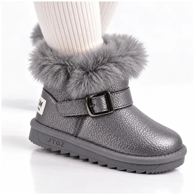 Cizme gri sidefat pentru fetite cu catarama, superbaby, model pufy, piele ecologica