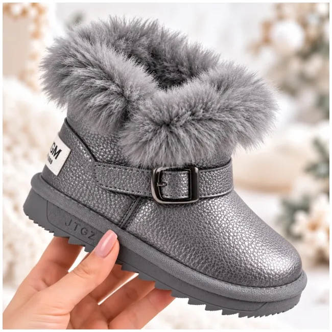 Cizme gri sidefat pentru fetite cu catarama, superbaby, model pufy, piele ecologica