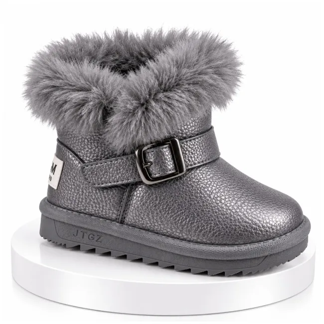 Cizme gri sidefat pentru fetite cu catarama, superbaby, model pufy, piele ecologica