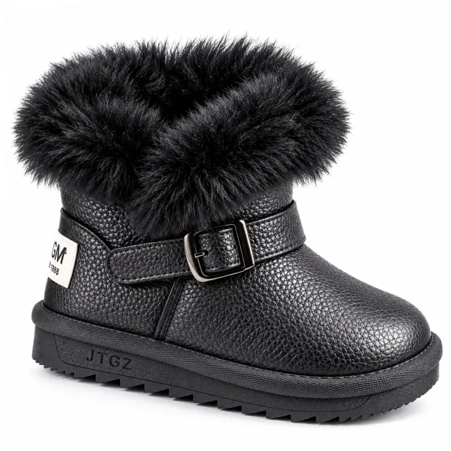 Cizme pentru fetite cu catarama, negru sidefat, superbaby, model pufy, piele ecologica