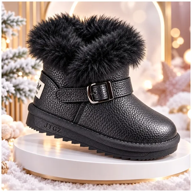 Cizme pentru fetite cu catarama, negru sidefat, superbaby, model pufy, piele ecologica