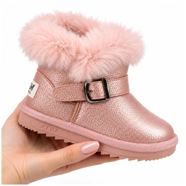 Cizme roz sidefat pentru fetite cu catarama, superbaby, model pufy, piele ecologica