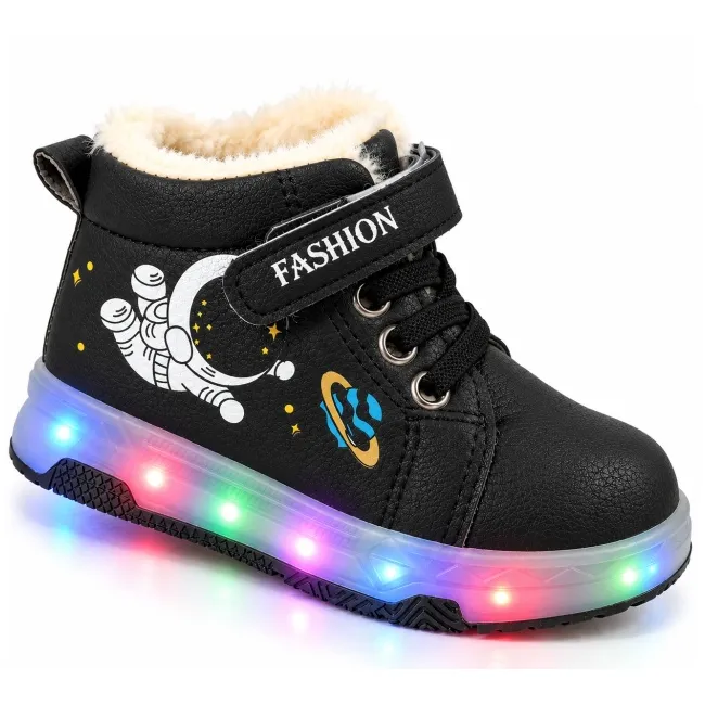 Ghete imblanite cu lumini led bareta velcro, model cosmo, baieti, piele ecologica