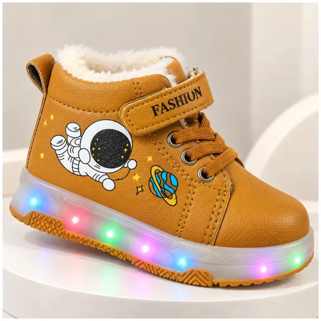 Ghete maro imblanite cu lumini led bareta velcro, model cosmo, baieti, piele ecologica
