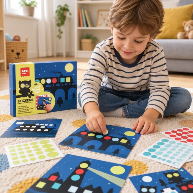 Joc cu autocolante fosforescente Apli Kids Trenulet, set 8 planșe și 8 coli, pentru copii 3+ ani SOLAPL20679