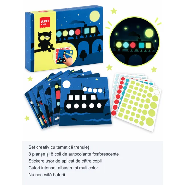 Joc cu autocolante fosforescente Apli Kids Trenulet, set 8 planșe și 8 coli, pentru copii 3+ ani SOLAPL20679