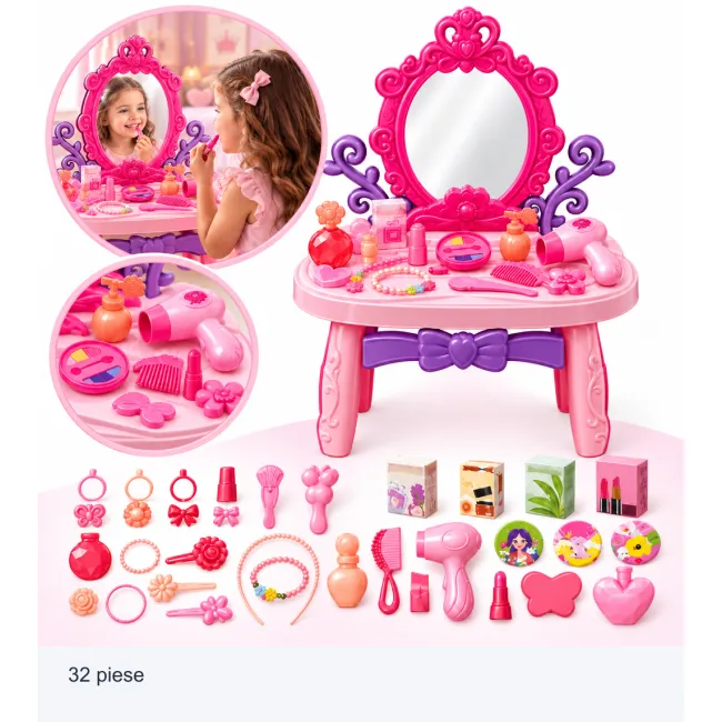 Set frumusete masuta cu oglinda si accesorii, Globo Sbelletti Style Vanity, 32 piese, 35&times;18&times;55 cm, plastic SOLGL43383