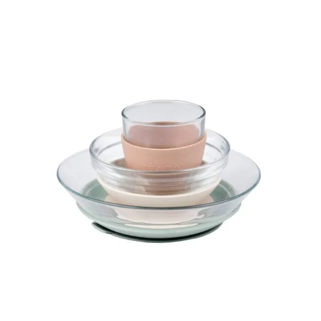 Set hranire bebe din sticla Beaba cu ventuze 3 piese Natural