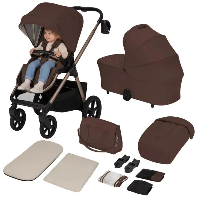 Carucior 2 in 1, Lionelo, Carmine, Parte sport si Landou anti-reflux, Salteluta ventilata, Reglare spatar, Suport de picioare, Maner reglabil, Sustine 22 kg, Cu accesorii, 0 luni+, Maro BYNLO-CARMINE_2IN1_BROWN_CHOCOLATE